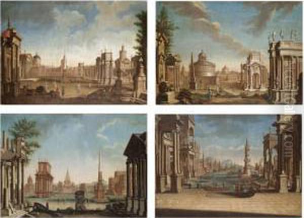 A Capriccio View Of A Mediterranean Harbour;
 A Capriccio View Of A Grassy Piazza With A Series Of Imaginary Temples, A Mother And Daughter In The Foreground;
 A Capriccio View Of A Piazza With A Curved Colonnade To The Right And A Six Columned Church T - view 1