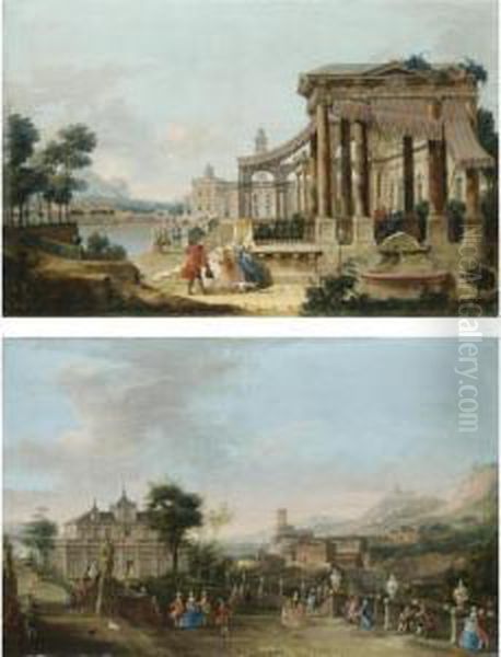 Veduta Ideata Di Una Villa Con 
Due Dame E Un Gentiluomo Davanti A Un Porticato; Veduta Ideata Di Un 
Palazzo Sul Mare Con Eleganti Figure In Un Giardino - view 1