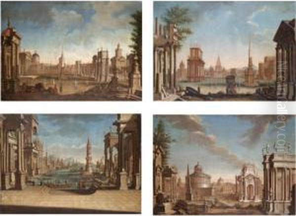 A Capriccio View Of A
Mediterranean Harbour; A Capriccio View Of A Grassy Piazza With A Series
Of Imaginary Temples, A Mother And Daughter In The Foreground; A
Capriccio View Of A Piazza With A Curved Colonnade To The Right And A
Six Columned Chur - view 1