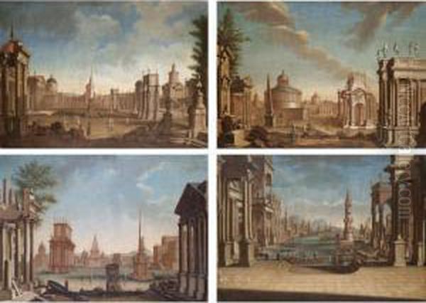 A Capriccio View Of A 
Mediterranean Harbour;a Capriccio View Of A Grassy Piazza With A Series 
Of Imaginary Temples, A Mother And Daughter In The Foreground;a 
Capriccio View Of A Piazza With A Curved Colonnade To The Right And A 
Six Columned Church - view 1
