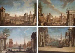 A Capriccio View Of A 
Mediterranean Harbour;a Capriccio View Of A Grassy Piazza With A Series 
Of Imaginary Temples, A Mother And Daughter In The Foreground;a 
Capriccio View Of A Piazza With A Curved Colonnade To The Right And A 
Six Columned Church by Francesco Battaglioli