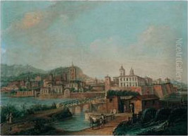 A View Of A Spanish Town By A River With Figures Crossing A Bridge By A Watermill - view 1