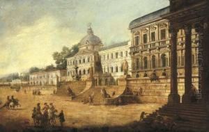 An Architectural Capriccio Of Classical Buildings With Horsemen Andother Figures by Francesco Battaglioli