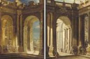 An Architectural Capriccio With
Roman Soldiers And Other Figures; And An Architectural Capriccio With
Figures Fleeing To A Boat Moored Beyond by Francesco Battaglioli