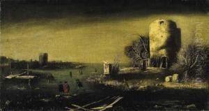 Scena Invernale Con Figure Sul Ghiaccio E Torre Diroccata Sulla Riva by Francesco Battaglioli
