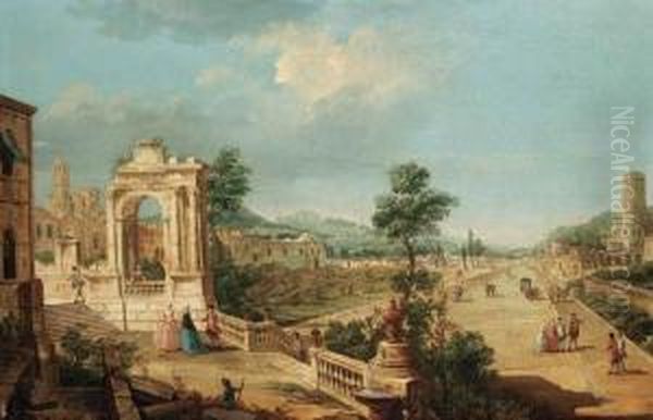 A Capriccio View Of A Town With Elegant Figures On A Terrace By A Ruined Archway - view 1