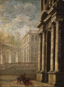 An Architectural Capriccio With Soldiers Before A Portico