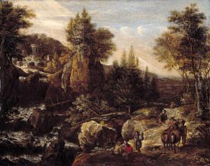 A Rocky River Landscape With Travellers, A Classical Temple Beyond A Rocky River Landscape With Travellers, A Classical Temple Beyond