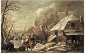 Patineurs Et Personnages Dans Un Paysage De Riviere Gelee Patineurs Et Personnages Dans Un Paysage De Riviere Gelee