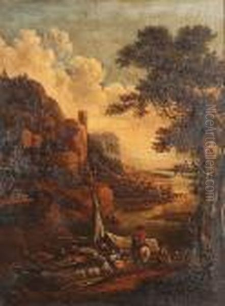 A Mountainous River Landscape With Figures Loading Barges - view 1