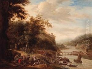 A Rhenish Landscape With Peasants Resting By A Table Outside Acottage, A Village Beyond by Gerrit Van Battem