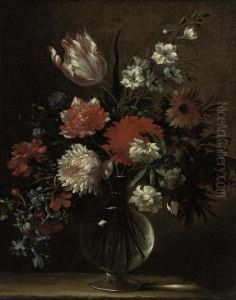 Morning Glory, Tulips, Carnations And Other Flowers In A Glass Vaseon A Ledge by Nicolas Baudesson