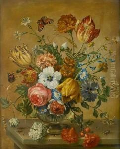 Tulips, Roses And Other Flowers In A Vase by Nicolas Baudesson