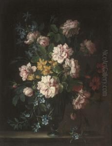 Roses, Aquilegia, Bluebells And Other Flowers In A Glass Vase On Astone Ledge by Nicolas Baudesson
