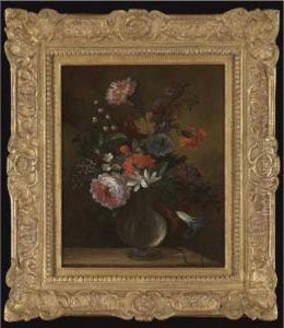 Still Life Of Flowers Including 
Roses, Carnations And Lily Of The Valley, In A Glass Vase On A Stone 
Ledge by Nicolas Baudesson