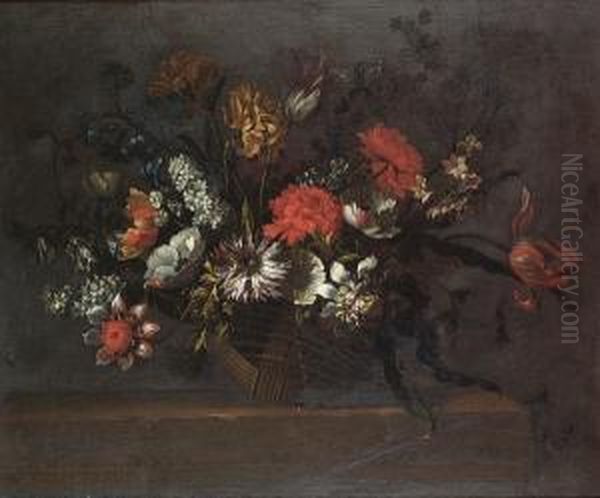Tulips, Chrysanthemums, Poppies,
Delphiniums And Other Flowers In A Wicker Basket On A Stone Ledge by Nicolas Baudesson