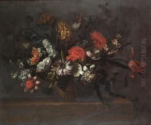 Tulips, Chrysanthemums, Poppies,
 Delphiniums And Other Flowers In A Wicker Basket On A Stone Ledge by Nicolas Baudesson