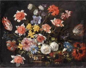 Still Life With Carnations, 
Tulips And Various Other Flowers In A Basket On A Stone Ledge
