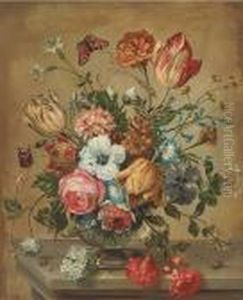 Tulips, Roses And Other Flowers In A Glass Vase thumbnail