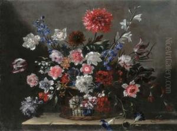 Poppies, Tulips, Morning Glory And Other Flowers In A Basket On Astone Ledge - view 1