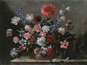 Poppies, Tulips, Morning Glory And Other Flowers In A Basket On Astone Ledge by Nicolas Baudesson