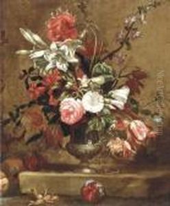 Peonies, Campanulae, Madonna Lilies And Other Flowers In An Urn Ona Stone Ledge by Nicolas Baudesson
