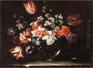 Still Life With Lilies, Irises And Other Flowers In A Glass Vase, On A Stone Ledge by Nicolas Baudesson