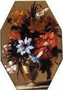 A Bouquet Of Flowers In A Vase On A Stone Ledge A Bouquet Of Flowers In A Vase On A Stone Ledge
