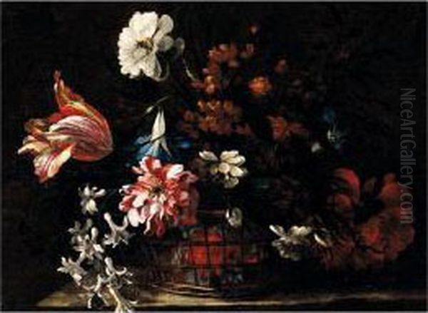 Still Life Of A Basket Of Flowers Upon A Stone Ledge - view 1