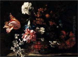 Still Life Of A Basket Of Flowers Upon A Stone Ledge by Nicolas Baudesson