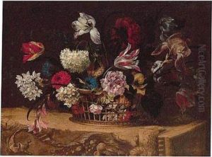 Still Life Of Summer Flowers In A Wicker Basket Upon A Stone Frieze by Nicolas Baudesson