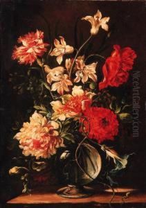 Morning Glory, Chrysanthemums,
Carnations And Other Flowers In Aglass Vase On A Stone Ledge by Nicolas Baudesson