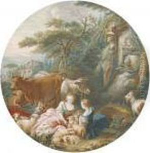 Two Shepherdesses With Their 
Flocks And Herds By An Antique Spring,classical Ruins Seen Beyond