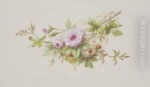 Two Floral Still Lifes With Pink And Yellow Roses: A Pair by Baudry Paul