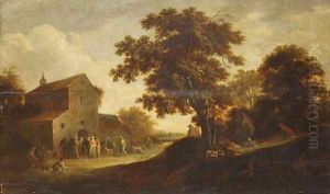 A wooded Landscape with Peasants gathered outside a Church by Pieter de Bloot