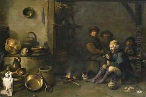 Boors smoking by a fire in a barn, with pots, pans and other kitchen utensils in the foreground by Pieter de Bloot