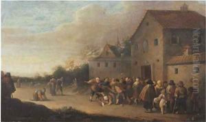 A village landscape with the Distribution of Bread to the Poor by Pieter de Bloot