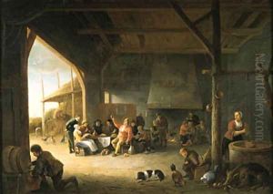 The interior of a barn with boors carousing by Pieter de Bloot