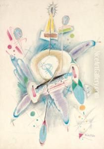 Ruckseitig Stempel: Das 
Geistreich, Mischtechnik Mit Farbstiften Auf Papier, 40 X 28,5 Cm, 
Gerahmt by Rudolf Bauer