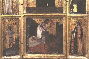 Resurrection with Christ as a boy and St. Catherine, bottom half of a triptych by Tommaso da Modena Barisino or Rabisino
