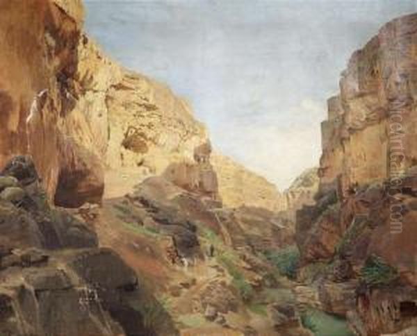 River Valley Wadi Kelt Which 
Leads To Jericho. Oil/canvas. Expertise: Hugo Schmid, Sulz/neckar 2007. 
For Other Depictions Of The Wadi Kelt By Bauernfeind Confer Schmid, 
Hugo, Der Maler Gustav Bauernfeind - view 1