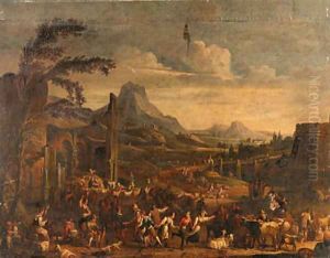 A Market scene with Peasants dancing before ruined Buildings in a mountainous Landscape by Alexander van Bredael
