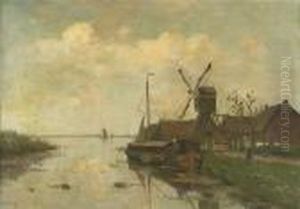 Farmhouse With A Windmill In A River Landscape