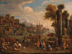 Peasants by a Mediterranean harbour with classical ruins