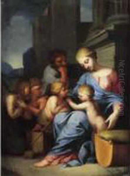 La Sainte Famille Entouree De Saint Jean-baptiste Enfant Et Deux Anges - view 1