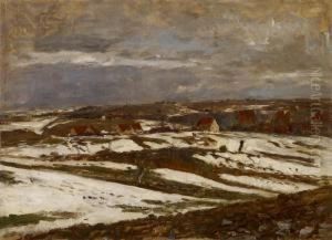 Landschaft In Letztem Schnee Bei Weimar, Mit Einem Dorf In Einer Talsenke