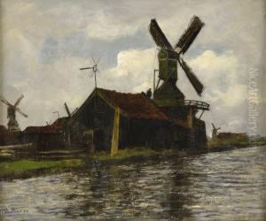 Blick Auf Eine Windmuhle Am Ufer Der Zaan Bei Zaandam.