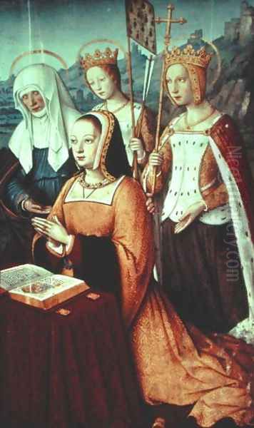 Ms lat 9474 f.3v Anne of Brittany with St. Anne, St. Ursula and St. Helen, miniature from the Grandes Heures of Anne of Brittany, c.1503-8 - view 1