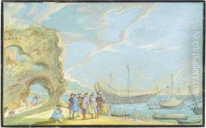 A Beach Scene: Merchants In Conversation, With Ruins And Ships Behind by Johann Wilhelm Baur