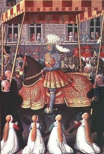 Louis XII (1462-1515) entering Genoa under a canopy, followed by four cardinals by Jean Bourdichon